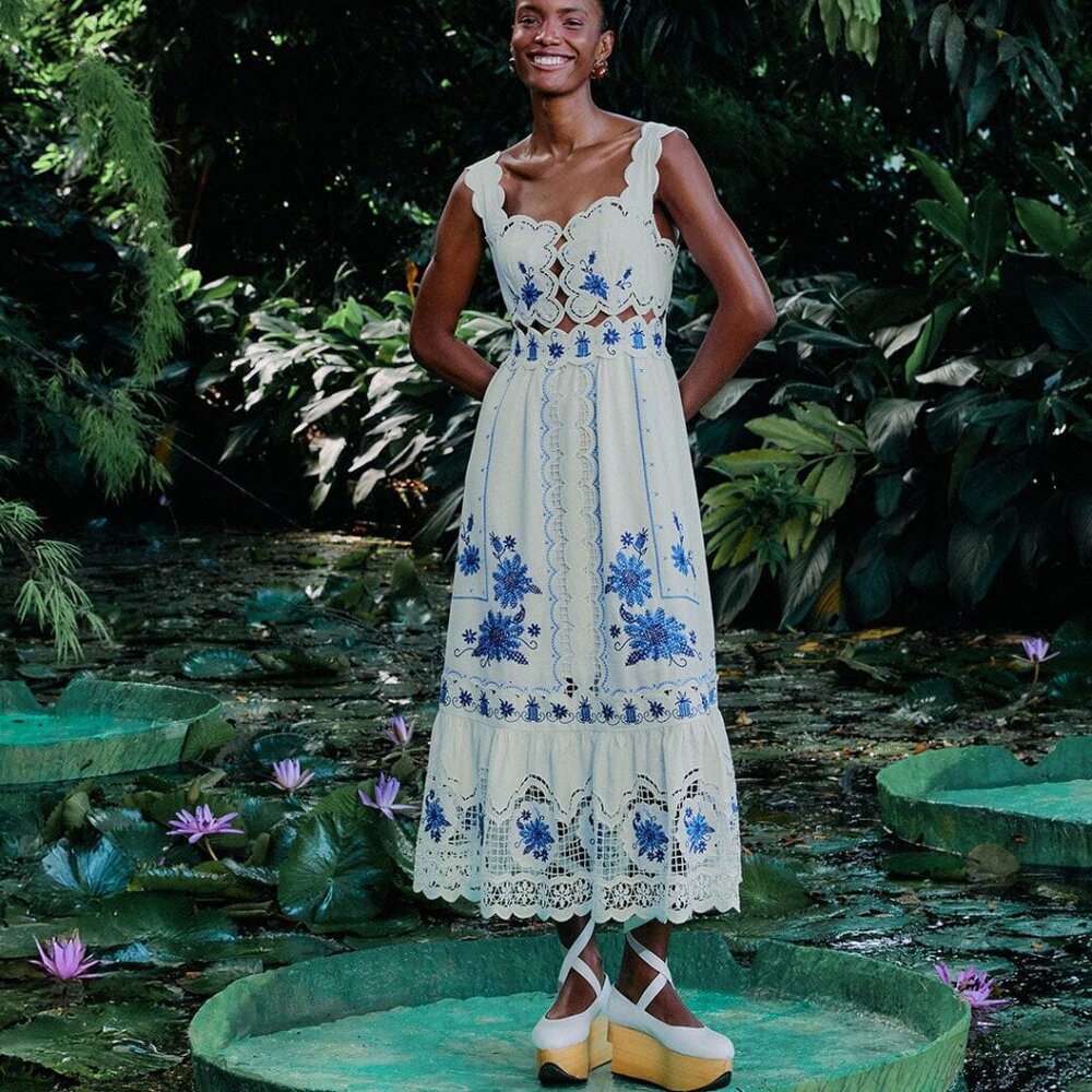 FARM Rio Off-White Richelieu Sunflower LENZING™ ECOVERO™ Euroflax™ Midi Dress Si